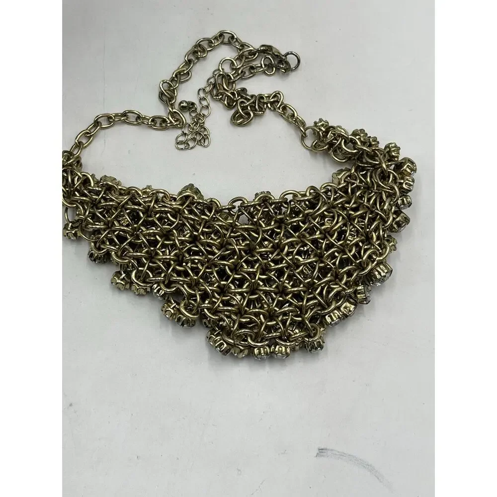 J. Crew Antique Gold Tone Prong Set Rhinestone‎ Cluster Bib Statement Necklace